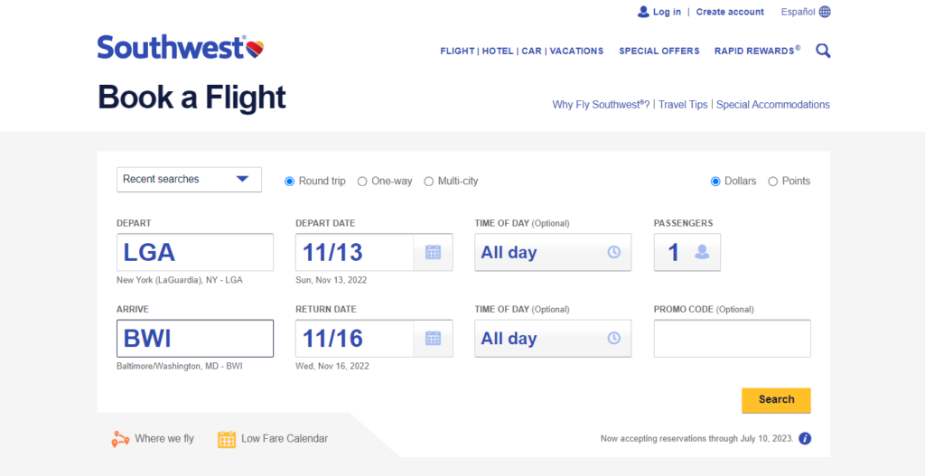 Screenshot from southwest.com