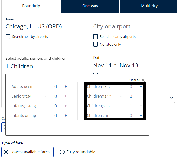 United Airlines Flight Booking Form