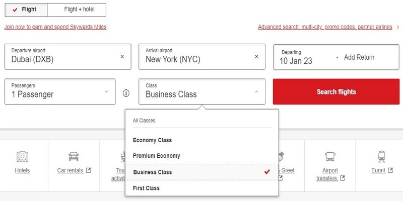 Emirates Business Class Flight Booking form