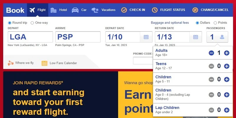 Southwest Airlines Flight Booking Form