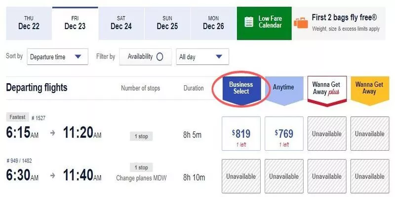 Southwest Business Select Flight Booking 