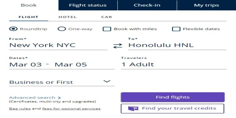 United Airlines First Class Booking Form